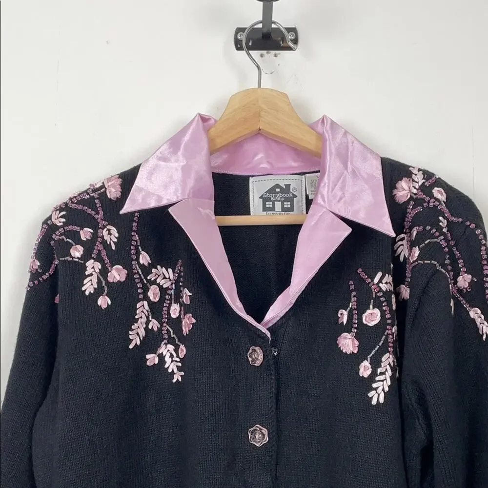 Storybook Knit Vtg Black Button Cardigan Sweater Pink Embroidery Satin Trim L